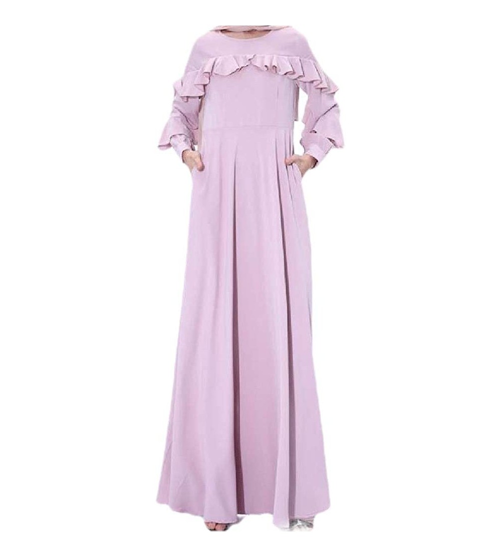 Robes Women Muslim Solid Colored Arab Dubai Ruffle Islamic Kaftan Dresses - Pink - CQ1990T5A6S $42.25