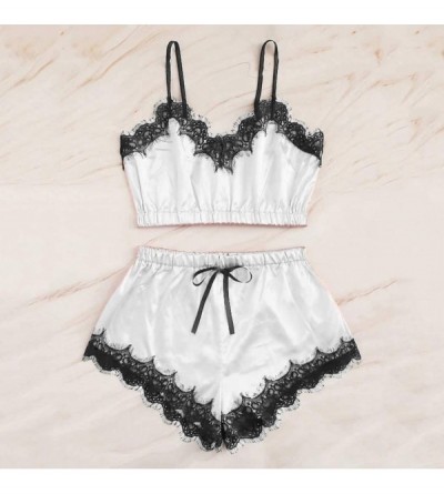 Sets Sexy Sleepwear Set for Women 2PC Lingerie Lace Trim Satin Cami Top Pajama Sets - White - CS18Z84A96R $11.79