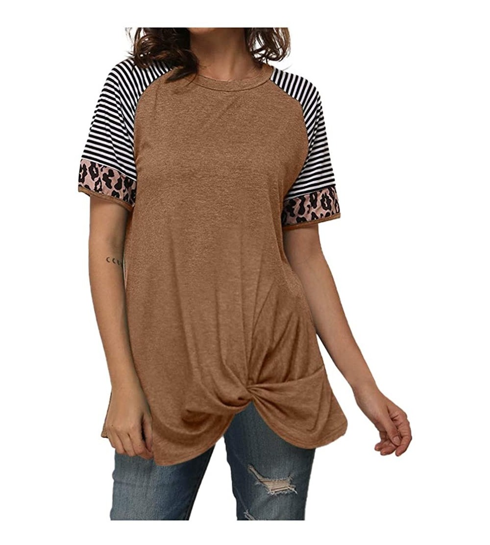 Thermal Underwear Women Short Sleeve Twist Knot Blouse Casual Leopard Colorblock Tunics Loose Tops T Shirt - Coffee - CE197HZ...