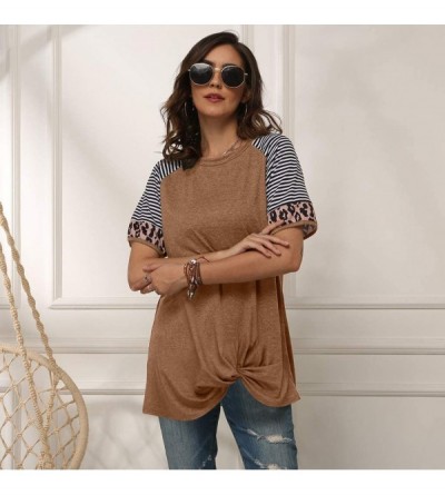 Thermal Underwear Women Short Sleeve Twist Knot Blouse Casual Leopard Colorblock Tunics Loose Tops T Shirt - Coffee - CE197HZ...