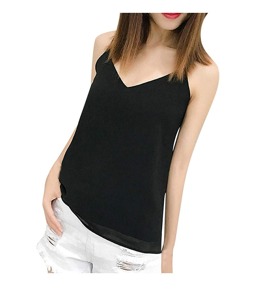 Thermal Underwear Women Chiffon V-Neck Tank Top Casual Sleeveless Trim Spaghetti Strap Camis Vest - Black - CH1977YL475 $13.49