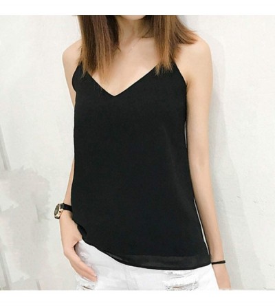 Thermal Underwear Women Chiffon V-Neck Tank Top Casual Sleeveless Trim Spaghetti Strap Camis Vest - Black - CH1977YL475 $13.49