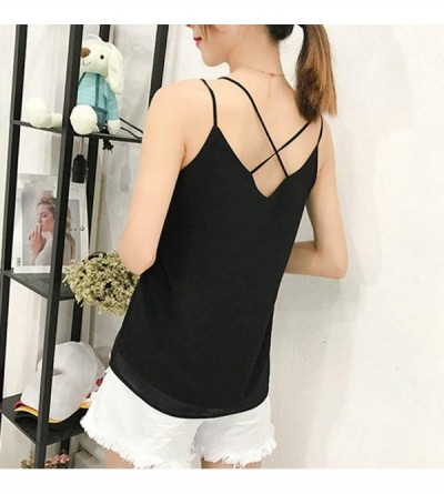 Thermal Underwear Women Chiffon V-Neck Tank Top Casual Sleeveless Trim Spaghetti Strap Camis Vest - Black - CH1977YL475 $13.49