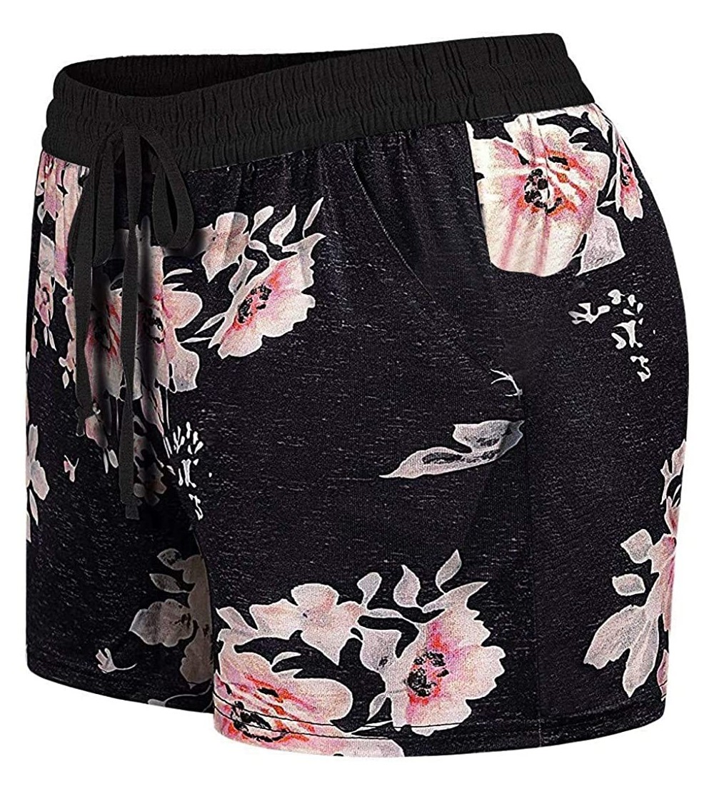 Bottoms Ladies Summer Flower-Print/Solid Color Pocket Casual Wide-Leg Pants Shorts Pajama Shorts - Pink - CJ19C2906GX $22.28