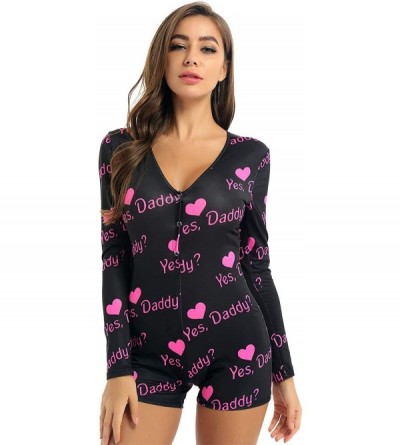 Nightgowns & Sleepshirts Womens Long Sleeves Leotard Bodysuit Romper Letters/Leopard Printed Catsuit Nightear - Black - CP19C...