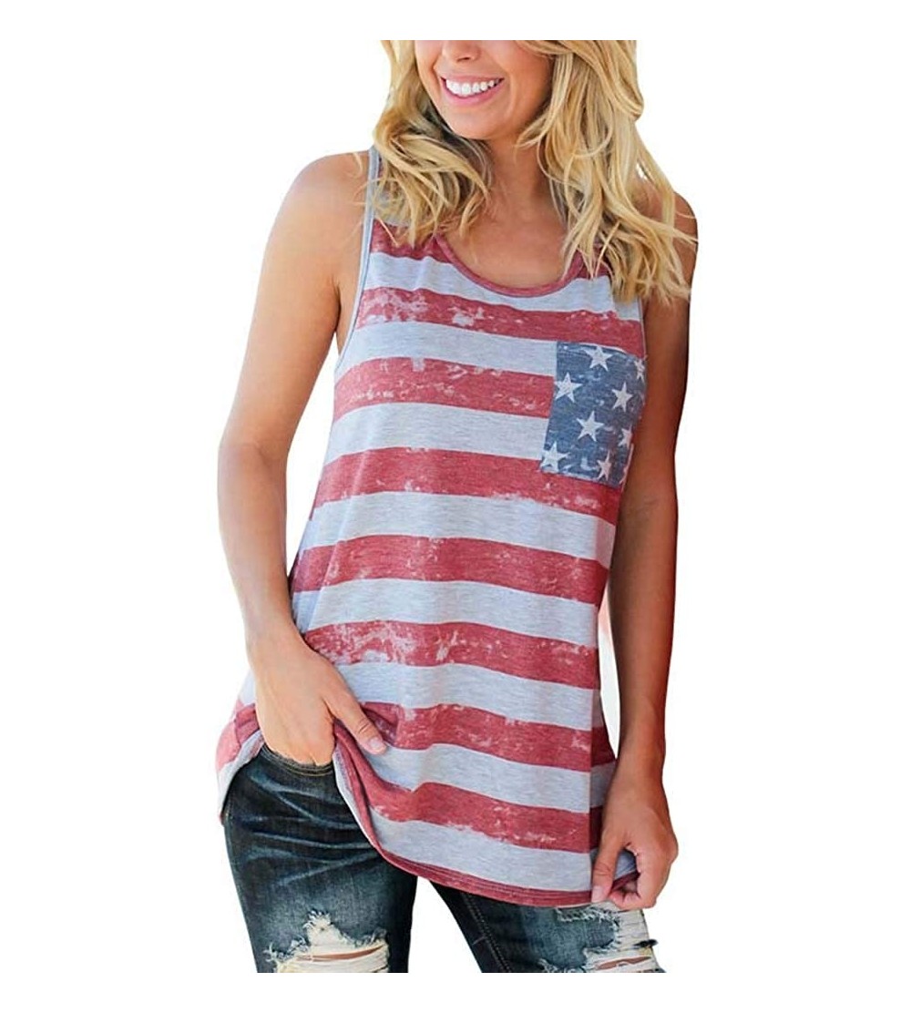 Thermal Underwear Fashion Women Tank American Flag Print Lace Tops Insert V-Neck Shirt Blouse - E-red - CS190GUDWKC $10.47