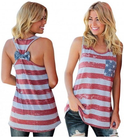 Thermal Underwear Fashion Women Tank American Flag Print Lace Tops Insert V-Neck Shirt Blouse - E-red - CS190GUDWKC $10.47