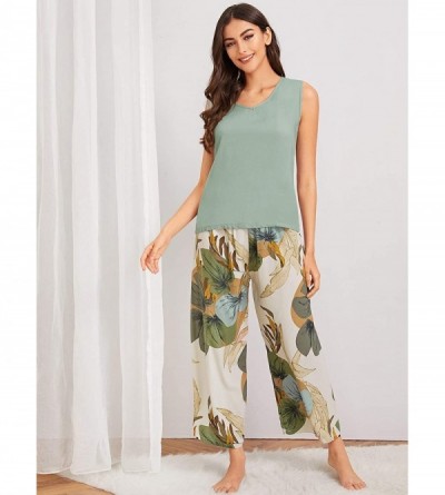 Sets Women's Sleepwear 3 pcs Leaf Print Cami and Pants Pajama Set with Robe - Multicolor-13 - CD19G62ELLT $24.63