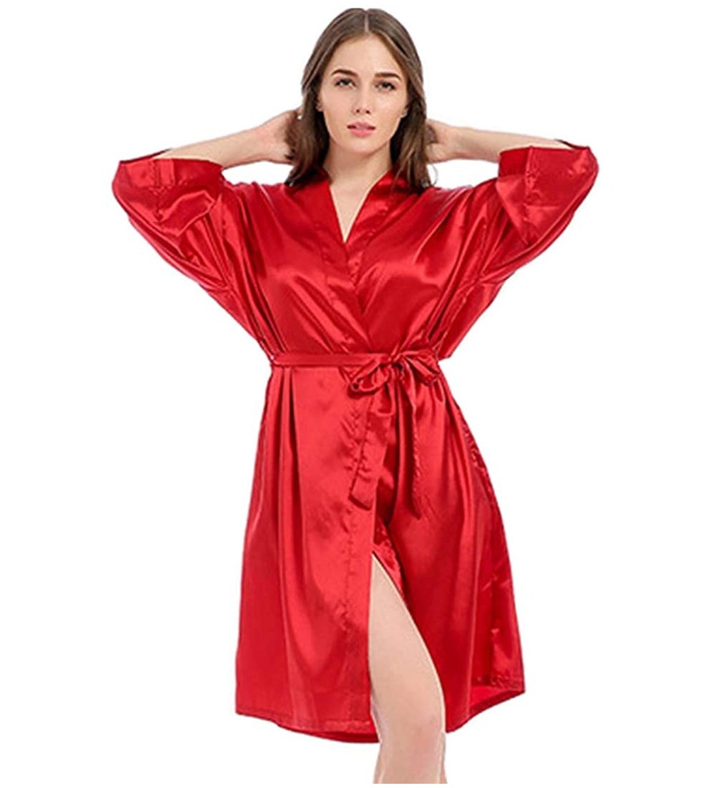 Robes Pure Color Satin Kimono Robes for Women Short Bridesmaid Nightgown Short Robe - Red - C1197Y3E5KD $13.25