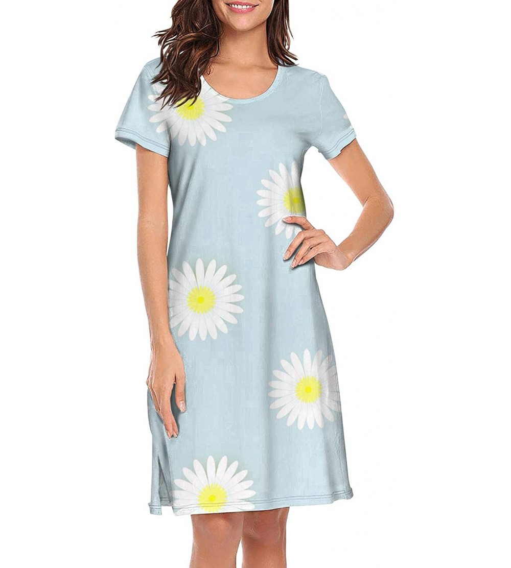 Nightgowns & Sleepshirts Daisy Pattern SkyBlue Nightgown Soft Sleepshirts for Womens Crew Neck - Daisy Pattern Skyblue - CB18...