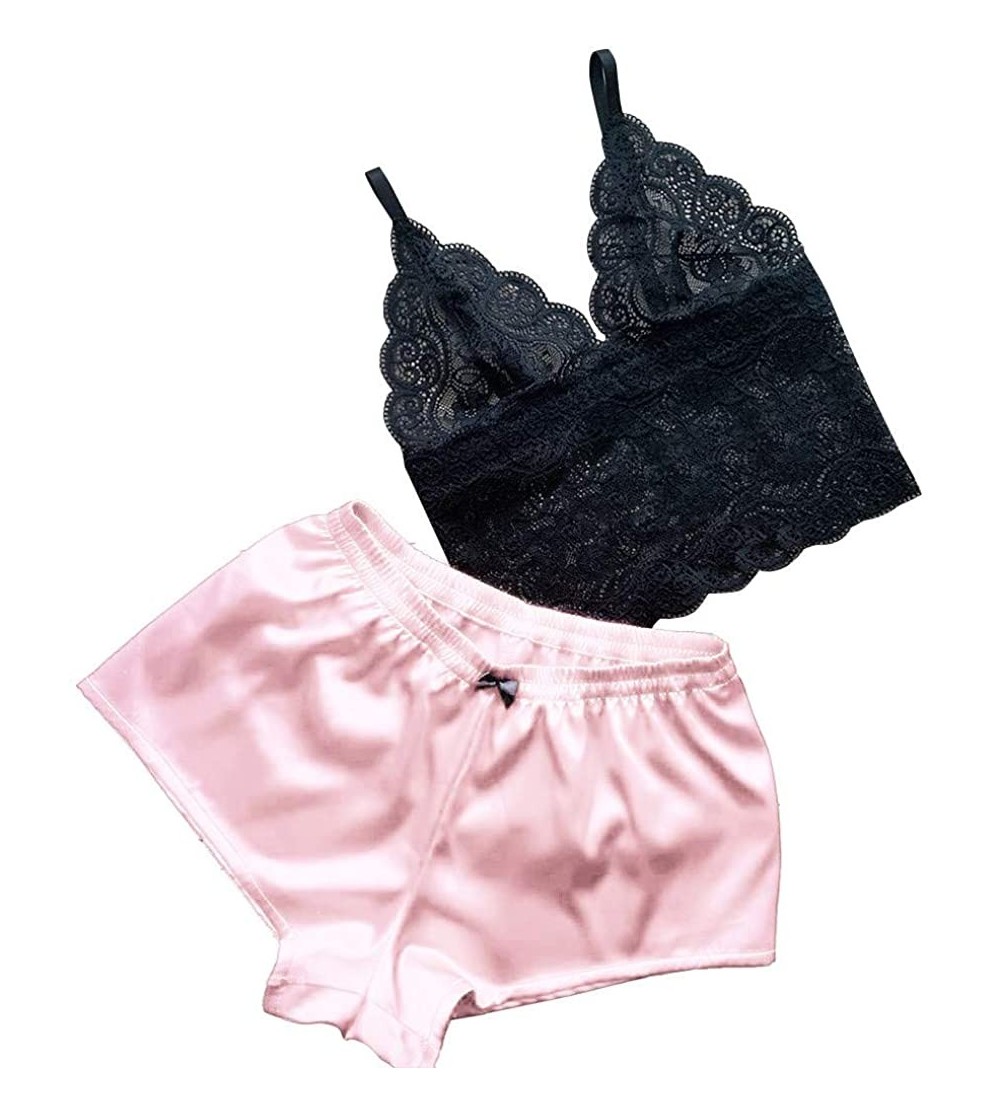 Sets Women's 2 Pcs Sleepwear Lace Cami Bra Top with Shorts Sexy Lingerie Pajama Set - Pink - CH194QROGWZ $12.00