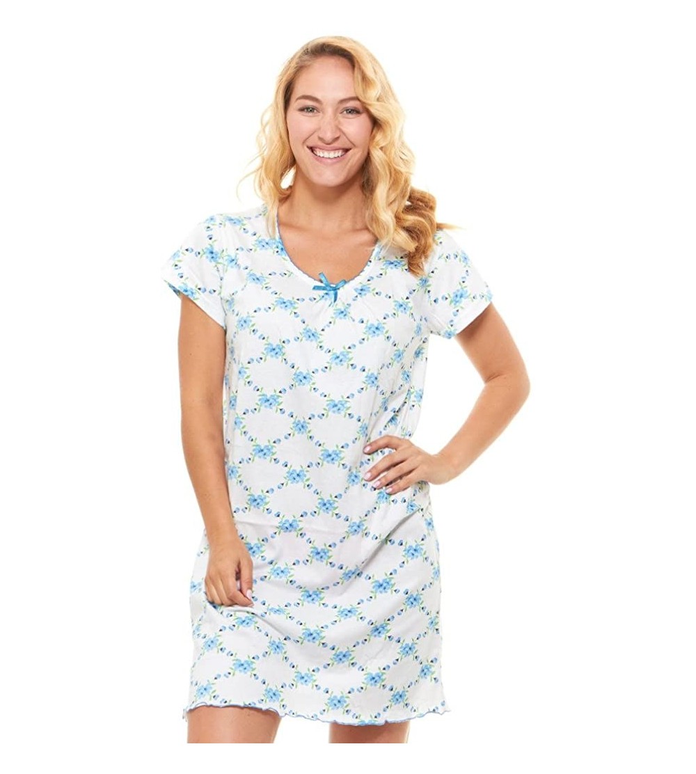 Nightgowns & Sleepshirts Womens Nightgown Sleepwear Cotton Pajamas - Womans Short Sleeve Scoop Neck Nightshirt - Blue-911 - C...