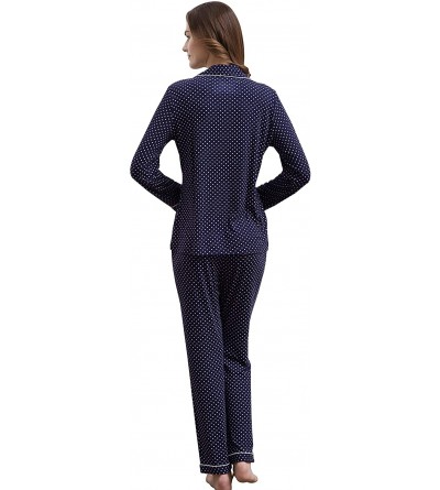 Sets Long Sleeve Pajama Set for Women Button Down Knit PJS Top & Lounge Pants - Long Navy/White Dots - CL18TQDMHR5 $24.18