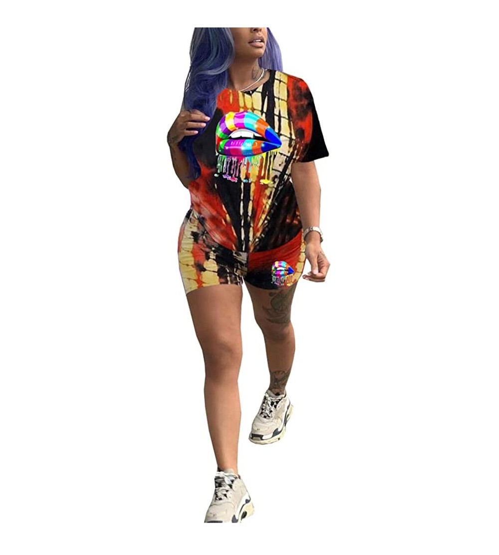 Sets Womens 2 Piece Outfits Tie Dye Short Sleeve T Shirts + Biker Shorts Set Tracksuit Summer Casual Rompers Lip Black - CP19...