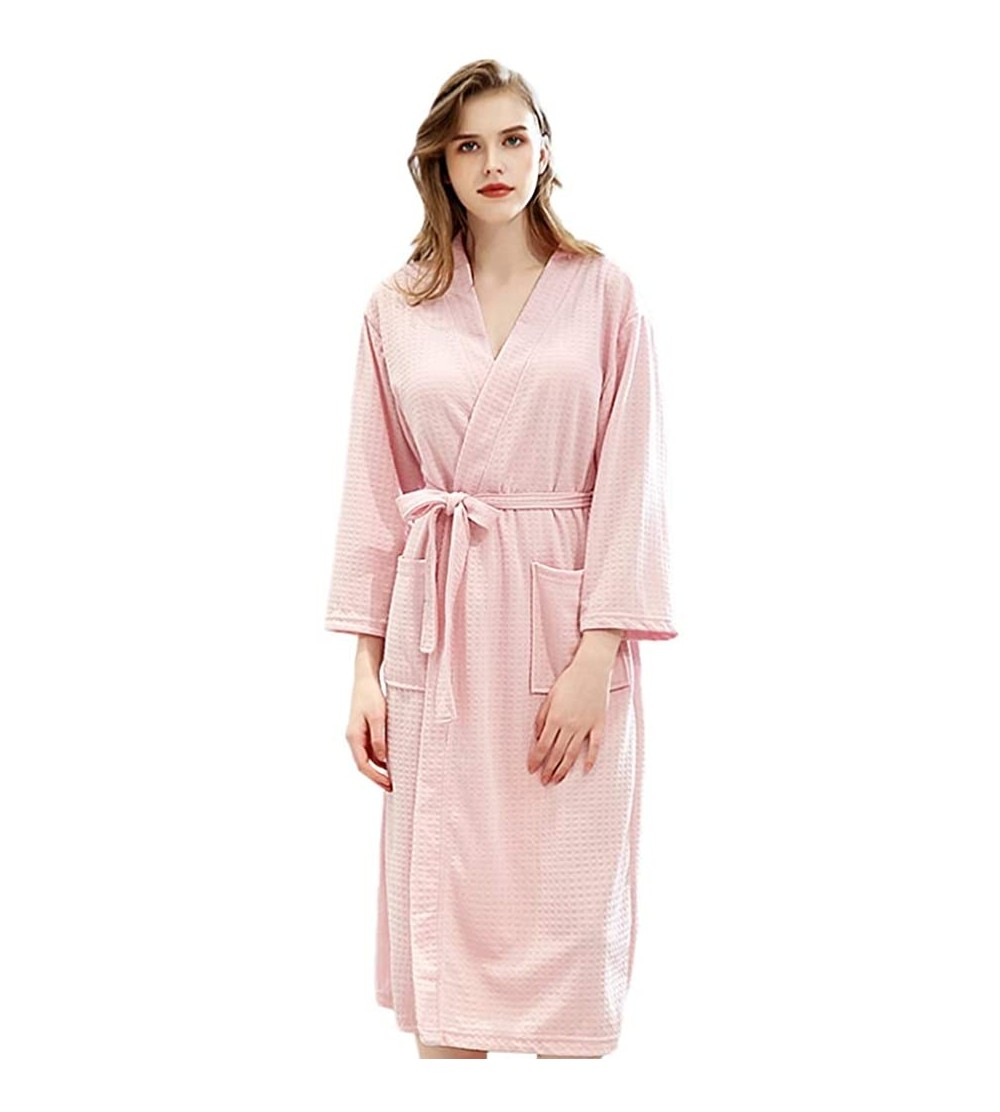 Robes Couples Kimono Bathrobe for Men Women Long Sleeve Waffle Nightgown with Removable Belt for Spa Hotel - Pink - CR19C4GUX...