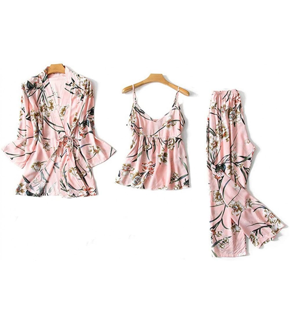 Sets Women's Pajama Sets 3pcs Cotton Robe Sets Sleepwear Set Cami Top Printing with Pants Nightrobe V-Neck - Pink - CW18A87T2...