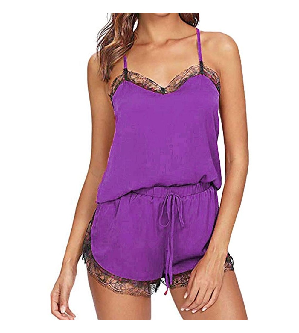 Sets Pajamas Women's Sexy Lingerie Cami Sleepwear Shorts Set Solid Color Lace Trim Nightwear - Purple - CO194QTIGIG $13.23