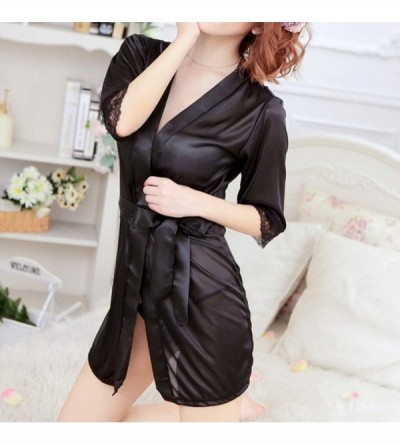 Robes Women Ladies Sexy Lace Silk Underwear Lingerie Sleepwear Nightdress Robe Dress - Black - CV18MG7KIEX $11.00