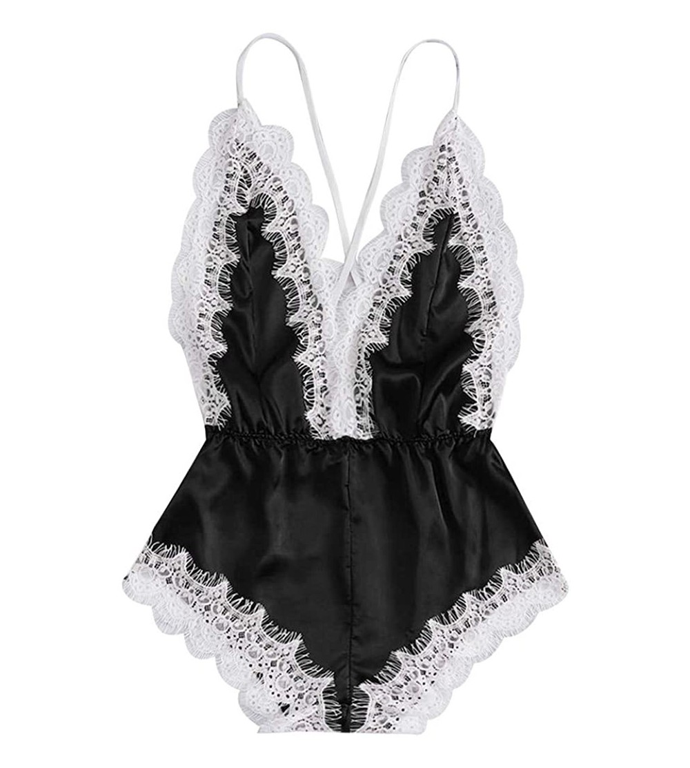 Sets Sleepwear-Fashion Sissy Women Lingerie Girl V-Neck Lace Splice Bodysuit - Black - C918NXX9X42 $9.25