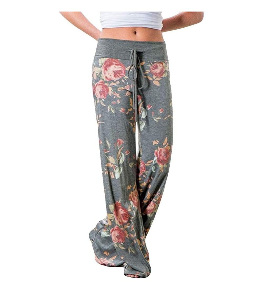 Bottoms Women's Comfy Casual Pajama Pants Floral Print Drawstring Palazzo Lounge Pants Wide Leg - B-gray - CY19DOI8KQZ $11.24