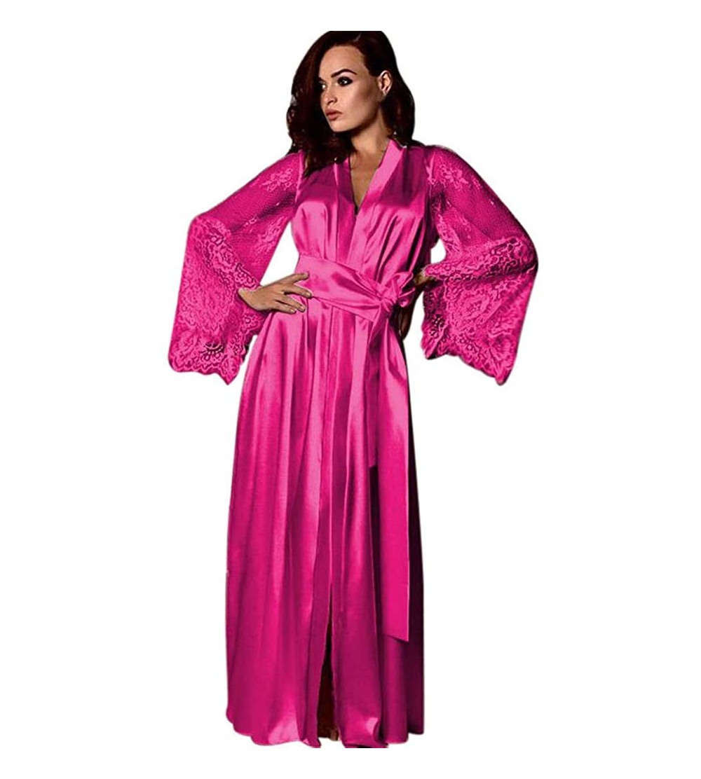 Nightgowns & Sleepshirts Women Long Robe Deep V Neck Lace Long Sleeve Satin Long Nightdress Lingerie Nightgown Sleepwear Sexy...