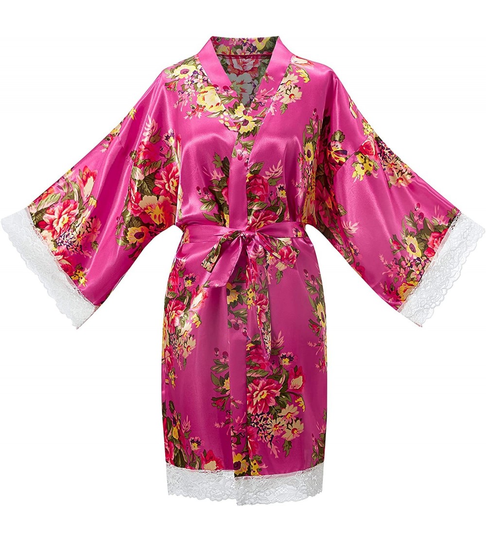 Robes Women's Bride Bridesmaid One Size Peony Silky Short Kimono Lace Robe for Wedding Getting Ready - Rose - CH18QQ7HA68 $16.42