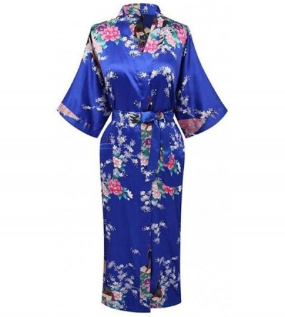 Robes V Neck Nightwear Casual Wedding Party Robe Print Women Kimono Gown Sleepwear Satin Long Bathrobe Home Pajamas Blue B - ...