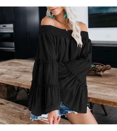 Tops Blouse Long Sleeve Shirt- Women's Striped Off Shoulder Bell Sleeve Shirt Tie Knot Casual Blouses Tops - B-black - CR18Y5...