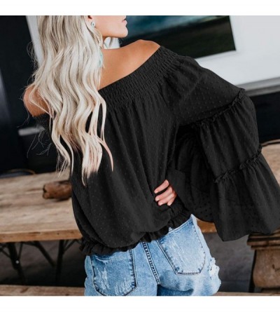 Tops Blouse Long Sleeve Shirt- Women's Striped Off Shoulder Bell Sleeve Shirt Tie Knot Casual Blouses Tops - B-black - CR18Y5...