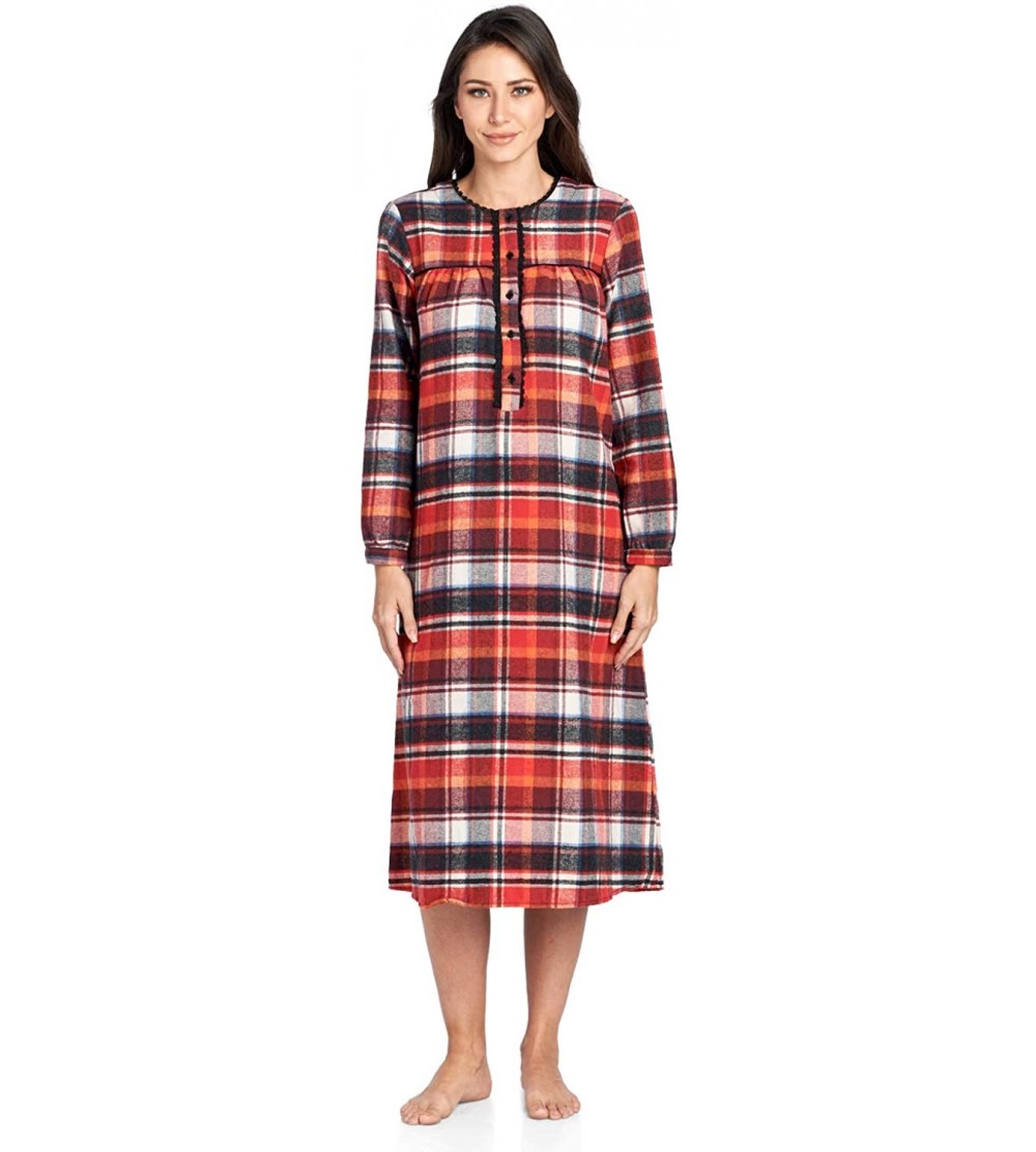 Nightgowns & Sleepshirts Women's Flannel Plaid Long Sleeve Nightgown Sleepwear - Sunset - CV18EE424XE $30.58