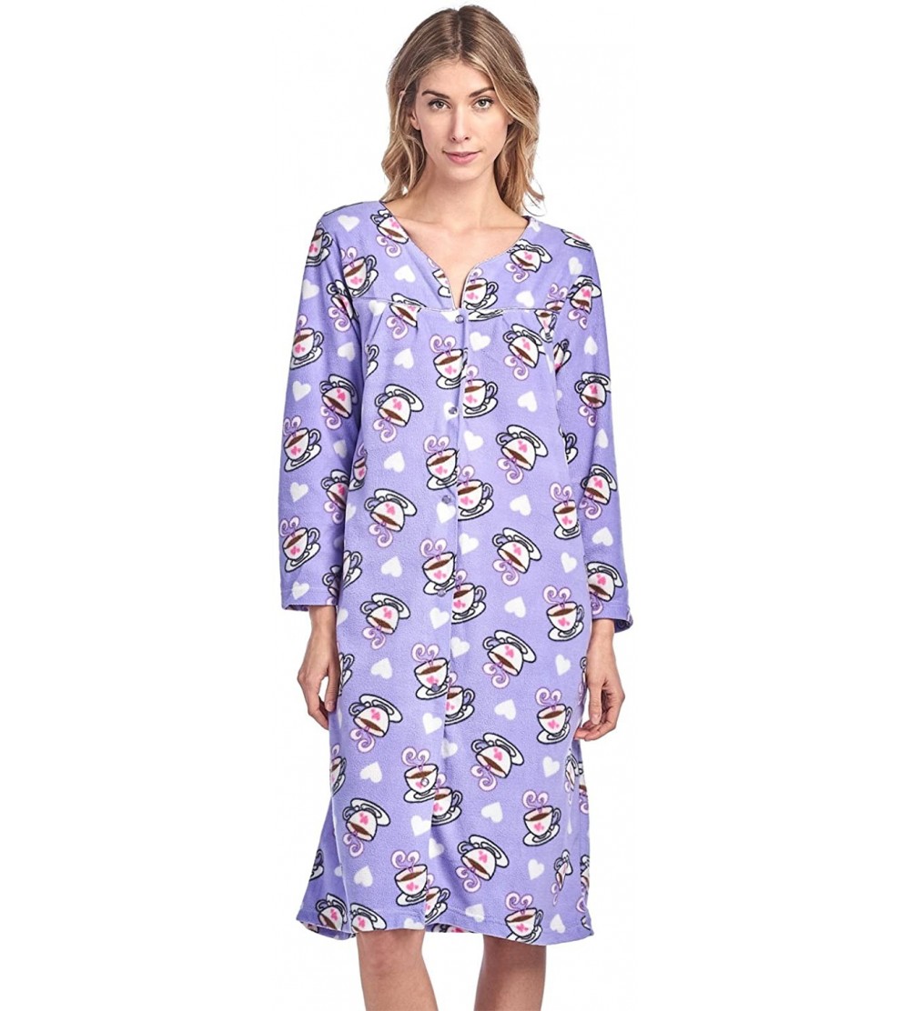 Nightgowns & Sleepshirts Women's Printed Fleece Snap-Front Lounger House Dress - Purple Lattes - CO180440EQE $22.09