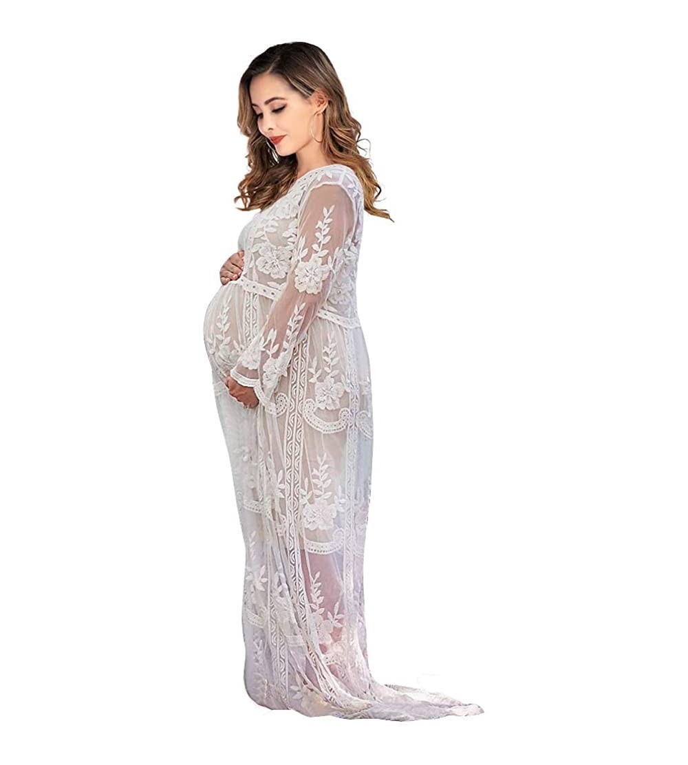 Nightgowns & Sleepshirts Women's Long Sleeve V Neck White Lace Floral Maternity Gown Maxi Photography Dress - White - CP18HDH...