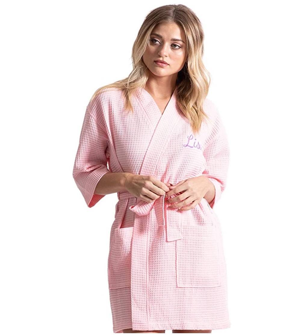 Robes Linen Lightweight Knee Length Waffle Kimono Bath and Spa Robe - Blush-customized - CS197SXDU6I $26.41