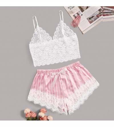 Sets Women's Lace Satin Cami Crop Tops with Shorts 2 Piece Set Sleepwear Sexy Lingerie Pajama Set - 01pink - CW194ARNMXX $10.73