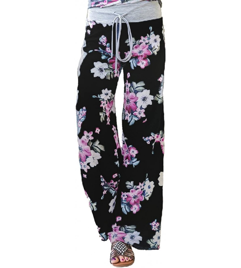 Bottoms Women's Summer Casual Pajama Pants Floral Print Drawstring Palazzo Lounge Pants Wide Leg - Black3 - CX18EGIHHOH $19.39