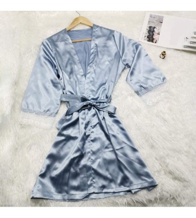 Thermal Underwear Women Sexy Satin Silk Pajamas Lingerie Lace Sleepwear Short Sleeve Underwear S-3XL - B-light Blue - CF1944L...