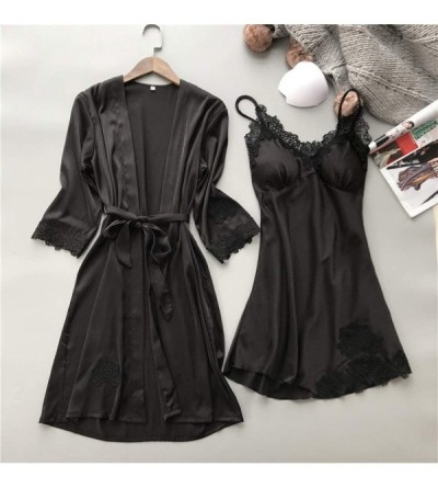 Tops Sexy Lingerie Women Silk Lace Robe Dress Soft Babydoll Loose Nightdress Kimono Sleepwear - X-black - CP18S3D0GQX $13.31