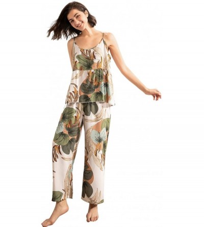 Sets Women's Sleepwear 3 pcs Leaf Print Cami and Pants Pajama Set with Robe - Multicolor - CB18ADGA3XM $36.54