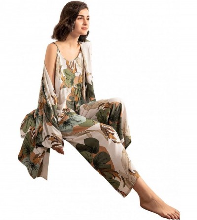 Sets Women's Sleepwear 3 pcs Leaf Print Cami and Pants Pajama Set with Robe - Multicolor - CB18ADGA3XM $36.54