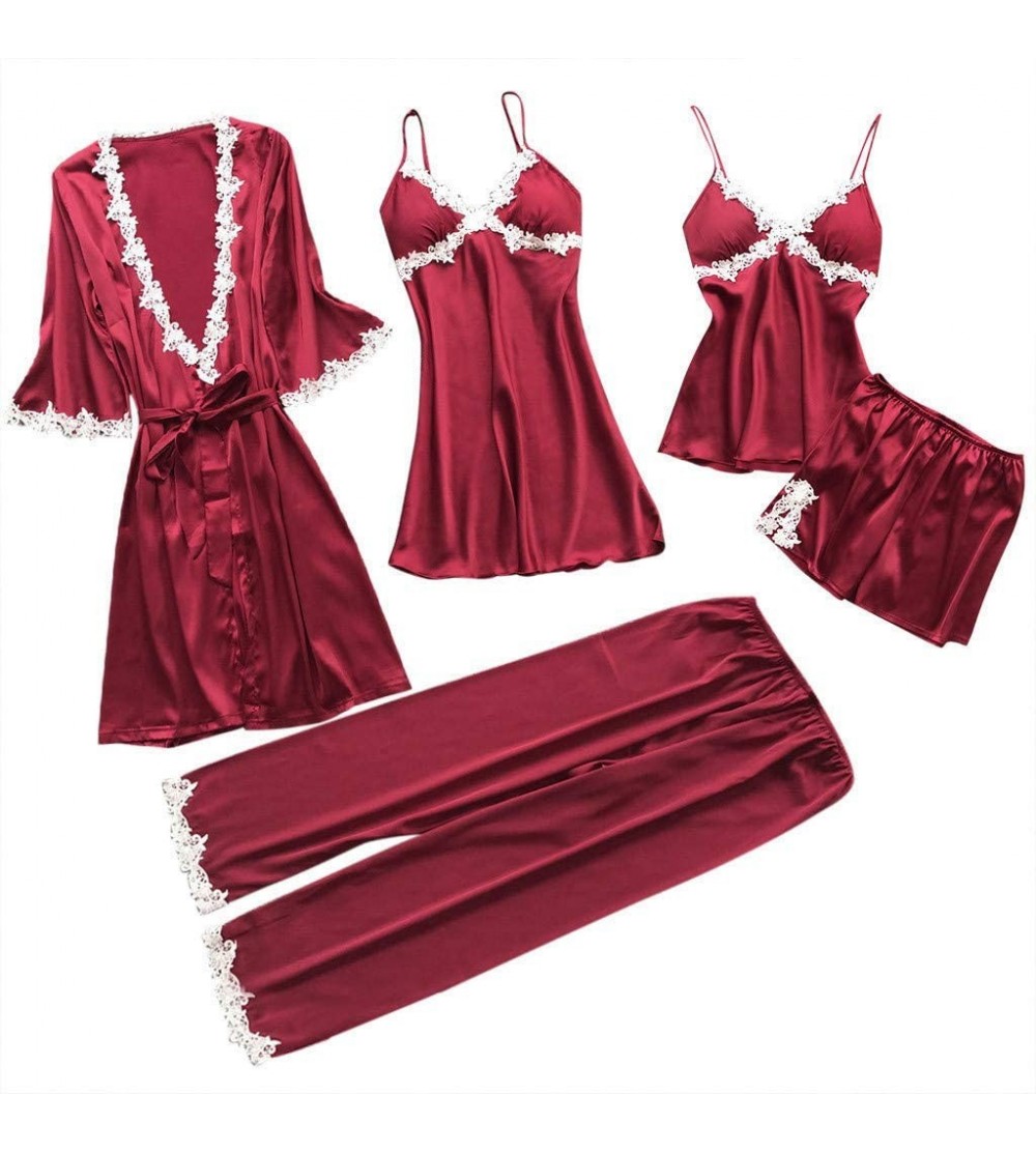 Nightgowns & Sleepshirts Women's 5pcs Pajama Set Cami Dress Thin Strap Dress-Home Wear Clothes - Wine - CE1943IQG0M $25.29