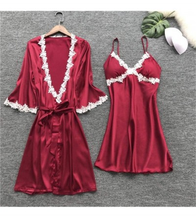 Nightgowns & Sleepshirts Women's 5pcs Pajama Set Cami Dress Thin Strap Dress-Home Wear Clothes - Wine - CE1943IQG0M $25.29