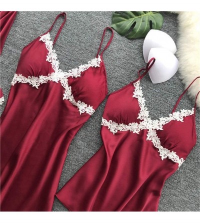 Nightgowns & Sleepshirts Women's 5pcs Pajama Set Cami Dress Thin Strap Dress-Home Wear Clothes - Wine - CE1943IQG0M $25.29