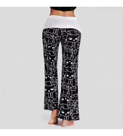 Bottoms Women Comfy Casual Pajama Pants High Waist Stretch Floral Print Drawstring Palazzo Lounge Pants Wide Leg 10 Black - C...