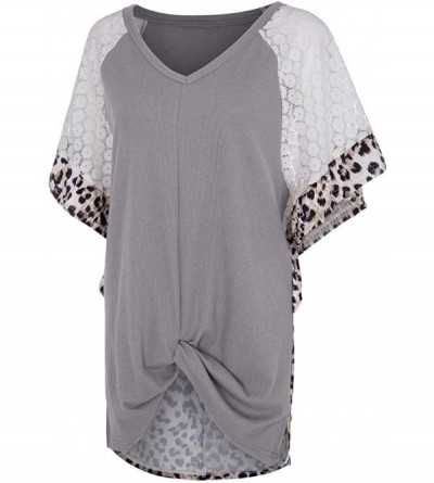 Nightgowns & Sleepshirts Womens Leopard Short Sleeve Twist Knot Patchwork O-Neck Casual Tunic Tops - J-gray - C8195Q28MLQ $17.79