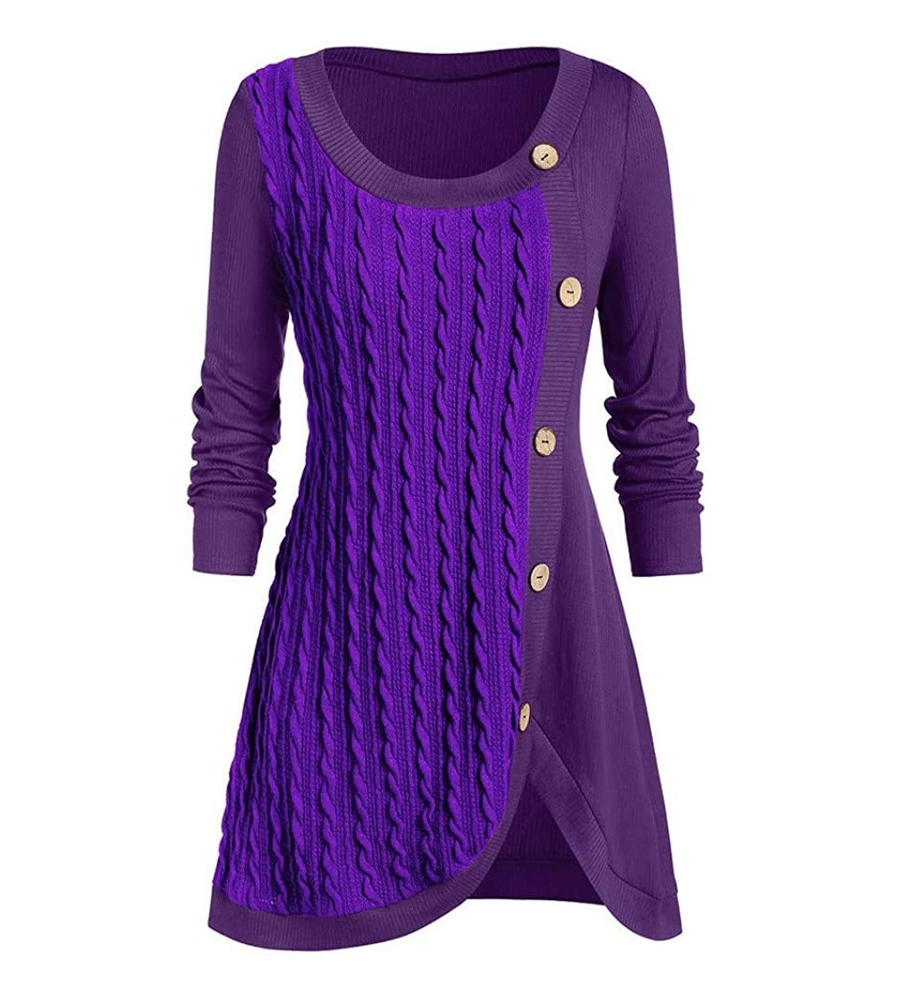 Thermal Underwear Plus Size Women O-Neck Long Sleeve Solid Botton Pachwork Asymmetric Tops Sweater - Purple - CR192A8N9K7 $23.29