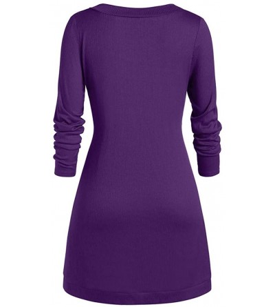 Thermal Underwear Plus Size Women O-Neck Long Sleeve Solid Botton Pachwork Asymmetric Tops Sweater - Purple - CR192A8N9K7 $23.29