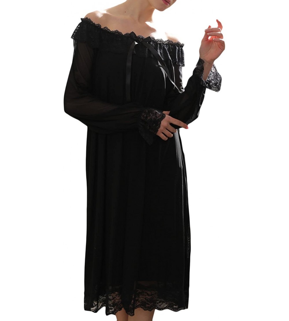 Nightgowns & Sleepshirts Women's Lace Vintage Victorian Nightgown Sheer Long Sleeve Sleep Dress - Black - CN18AN4Q3UW $29.81