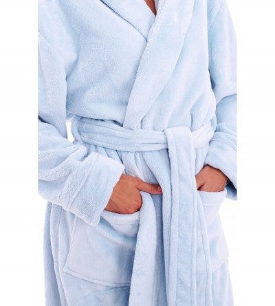 Robes Women's Plush Fleece Robe with Hood- Warm Solid Bathrobe - Light Blue - CS197EXSQYQ $47.12