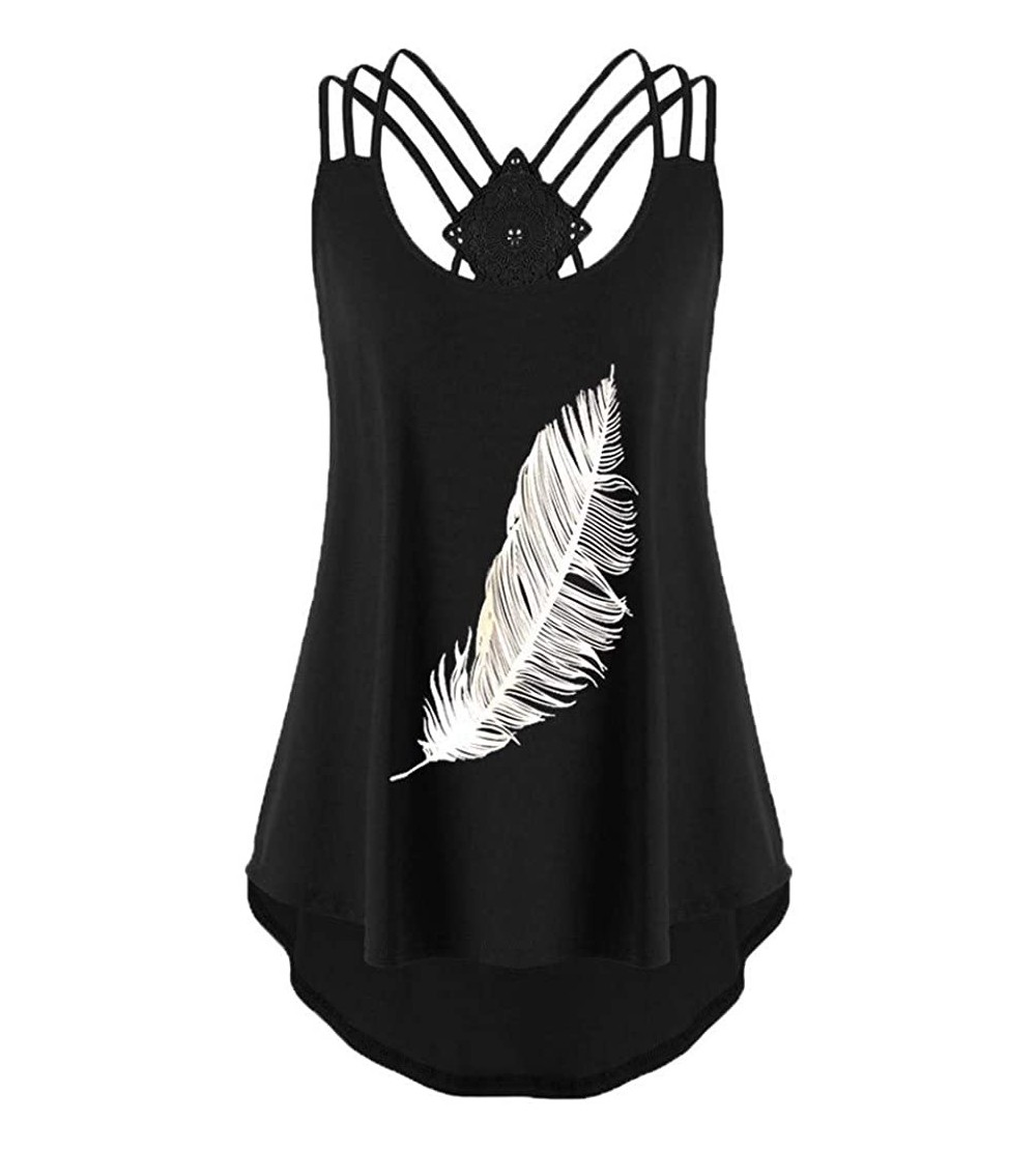 Tops Tank Tops for Women Feather Print Sleeveless Bandages Vest Top Strappy Summer Shirts - Black - CU199S0WI3I $18.87