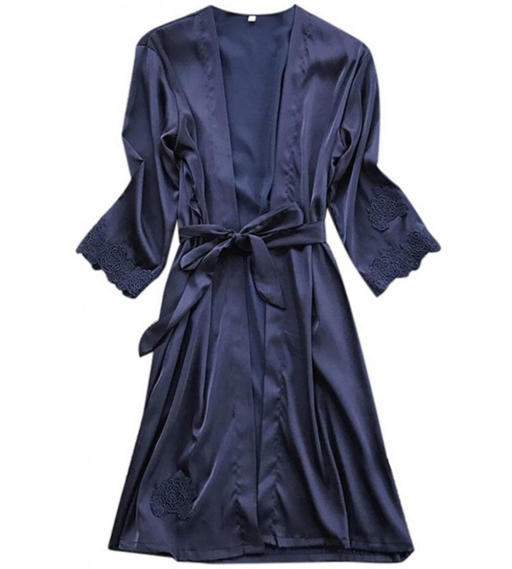 Robes Women Satin Silk Woman Lace Robe Lace Bathrobe Lounge Wear Womens Robes Sleepwear Sexy Robe for Women - Navy - CD194SSI...